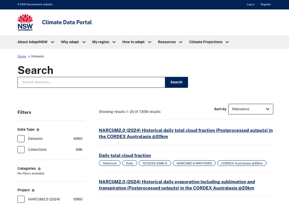 A screenshot of Climate Data Portal by the New South Wales Government