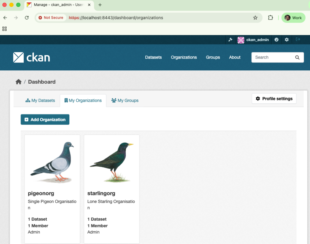 A screenshot of a CKAN Instance - My Organizations