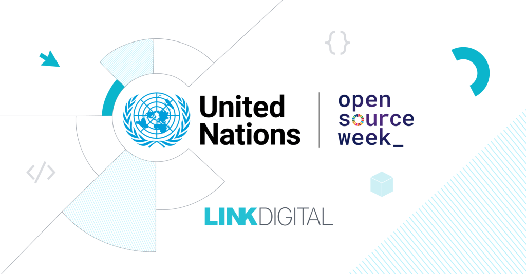 Collage-style banner with United Nations logo, 'Open Source Week' text, and LINKDIGITAL branding in blue, with geometric shapes.
